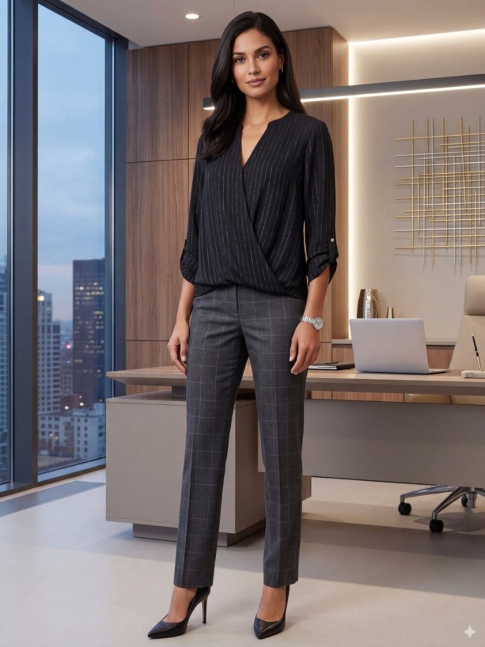 NEW JLO Jennifer Lopez Black Silver Pinstripe Drape Front Blouse Sz L  Roll-Tab